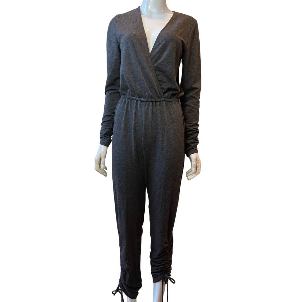 Ivin Ivin Womens Wrap Romper Jumpsuit Long Sleeve Ruched Tie Ankle Gray Size M